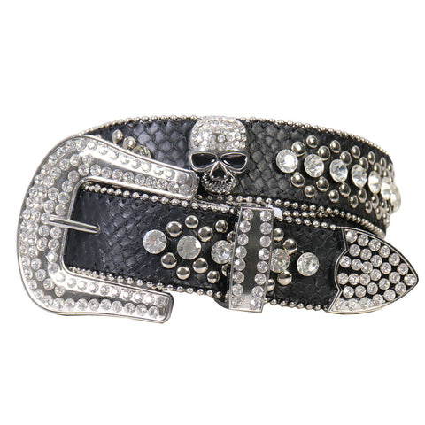 ROUND RHINESTONES SKULL & STUD LEATHER BELT