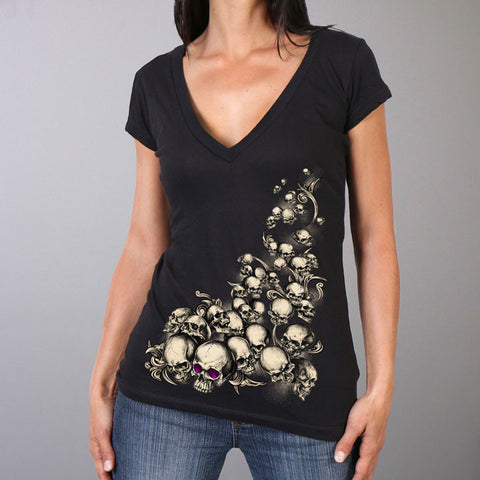 V-NECK GHOST SKULLS SHORT SLEEVE LADIES SHIRT