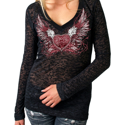 V NECK SPARKLE WINGS BURNOUT - LONG-SLEEVE V-NECK LADY SHIRT