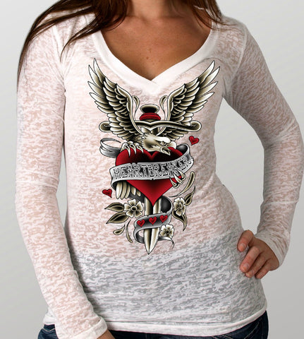 LADIES LONG SLEEVE V DAGGER HEART BURNOUT