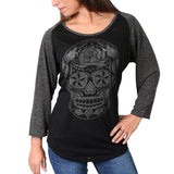 SUGAR SKULL BLACK & HEATHER GREY 3/4 SLEEVE LADIES SHIRT