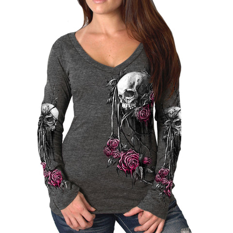 BLEEDING ROSES LADIES V-NECK LONG SLEEVE