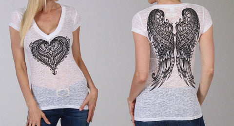 ORNATE ANGEL WINGS LADIES SHORT SLEEVE V-NECK SHIRT - BORNOUT