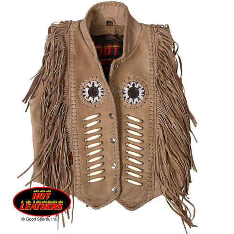 LADY'S LEATHER VEST BONE BEADS & FRINGE - DISTRESSED BROWN