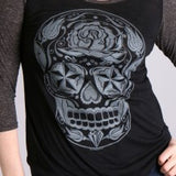 SUGAR SKULL BLACK & HEATHER GREY 3/4 SLEEVE LADIES SHIRT