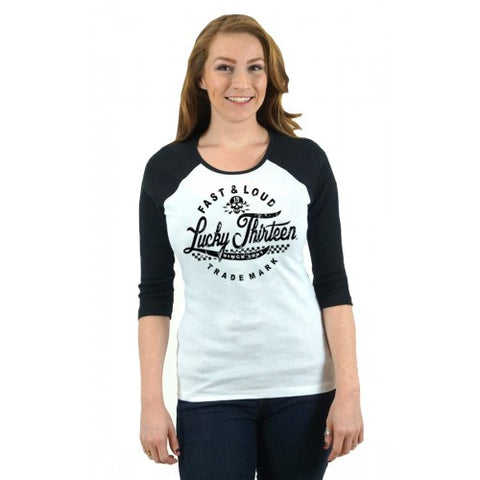 THE FAST & LOUD WOMEN'S 3/4 SLEEVE TWO TONE RAGLAN TEE - LUCKY 13 SINCE 1991
