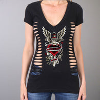 SHORT SLEEVE SLIT SIDE DAGGER HEART LADIES SHIRT