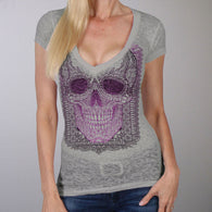 SKULL ORNAMENTAL LADIES V-NECK SHORT SLEEVE SHIRT - Burnout fabric