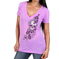 PAISLEY SUGAR SKULL LADIES V-NECK SHORT SLEEVE SHIRT - Burnout fabric