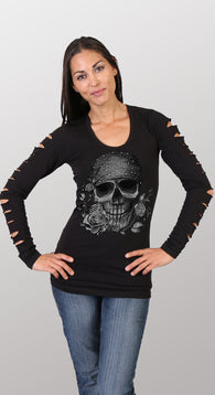 SKULL BANDANA LONGSLEEVE SLITS LADY SHIRT