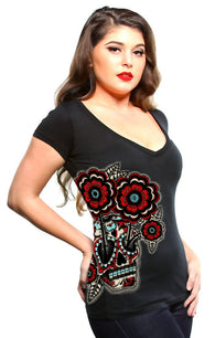 SS LADY V-NECK FLORES MUERTAS - LUCKY 13 SINCE 1991