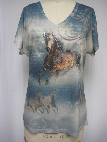V NECK HORSE ON BLUE - FULL CUT - DYE SUBLIMATION LADY T-SHIRT - MADE IN USA