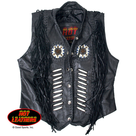 LADY'S LEATHER VEST BONE BEADS & FRINGE - BLACK