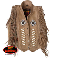 LADY'S LEATHER VEST BONE BEADS & FRINGE - DISTRESSED BROWN